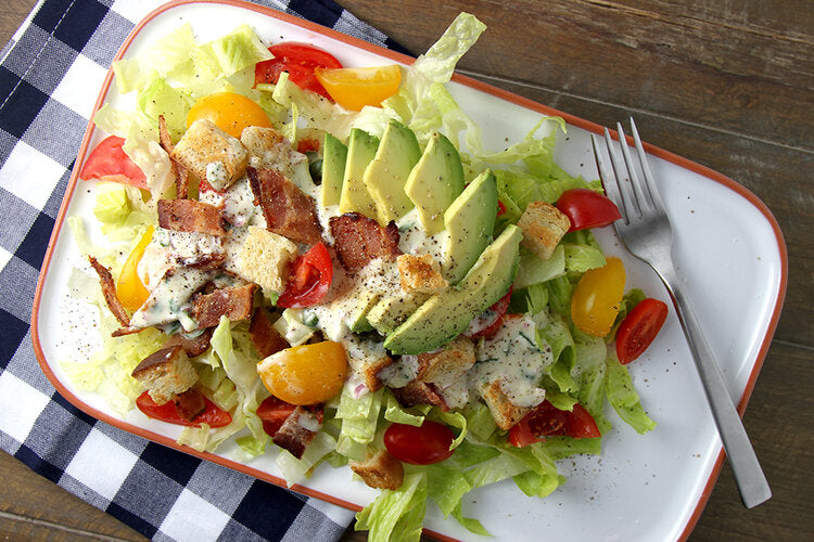 Bacon-Lettuce-Tomato-Avocado Salad with Homemade Croutons and Vidalia Onion & Peppercorn Salad Dressing